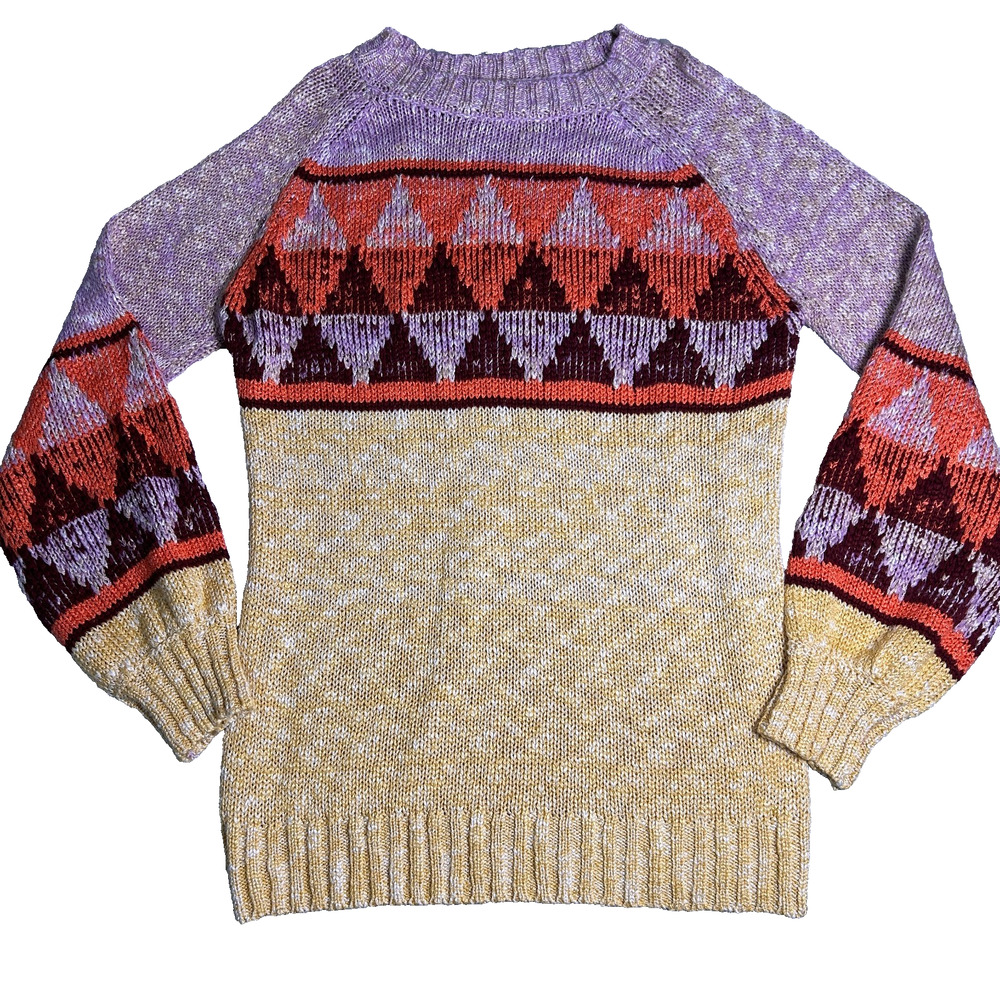 Jodifl Knit Sweater Womens M Colorful Bishop Sleeves Geometric Fall Layer Cozy